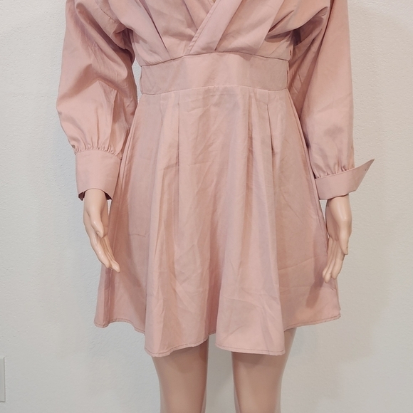 BOOHOO Pink Off the Shoulder Wrap Front Skater Dress Long Sleeves Women's Size 8 - Picture 4 of 12